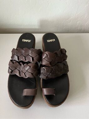 CAMPER Y2K Style Brown Braided Leather Suede Wedge Sandals Size 38